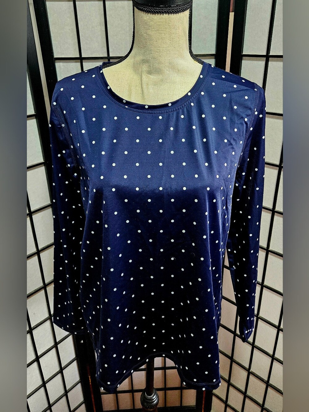 L.L. Bean Large Navy W/ White Polka Dots Long Sleeve Swim Shirt